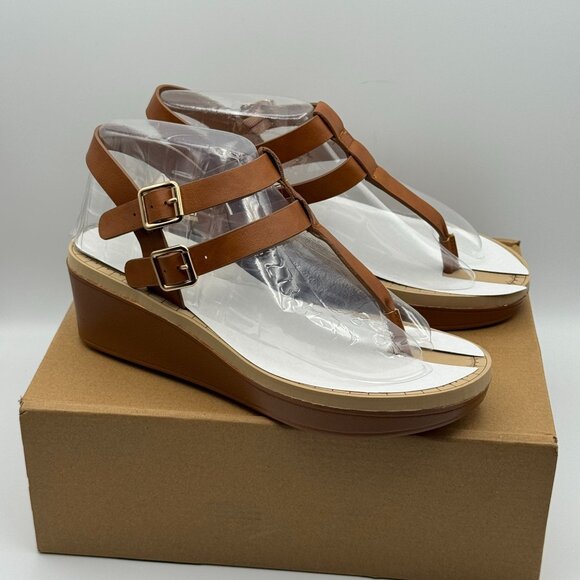 Journey Womens Bianca Dark Tan Wedge Sandals Dual Buckle Straps Size 8 - Picture 1 of 8